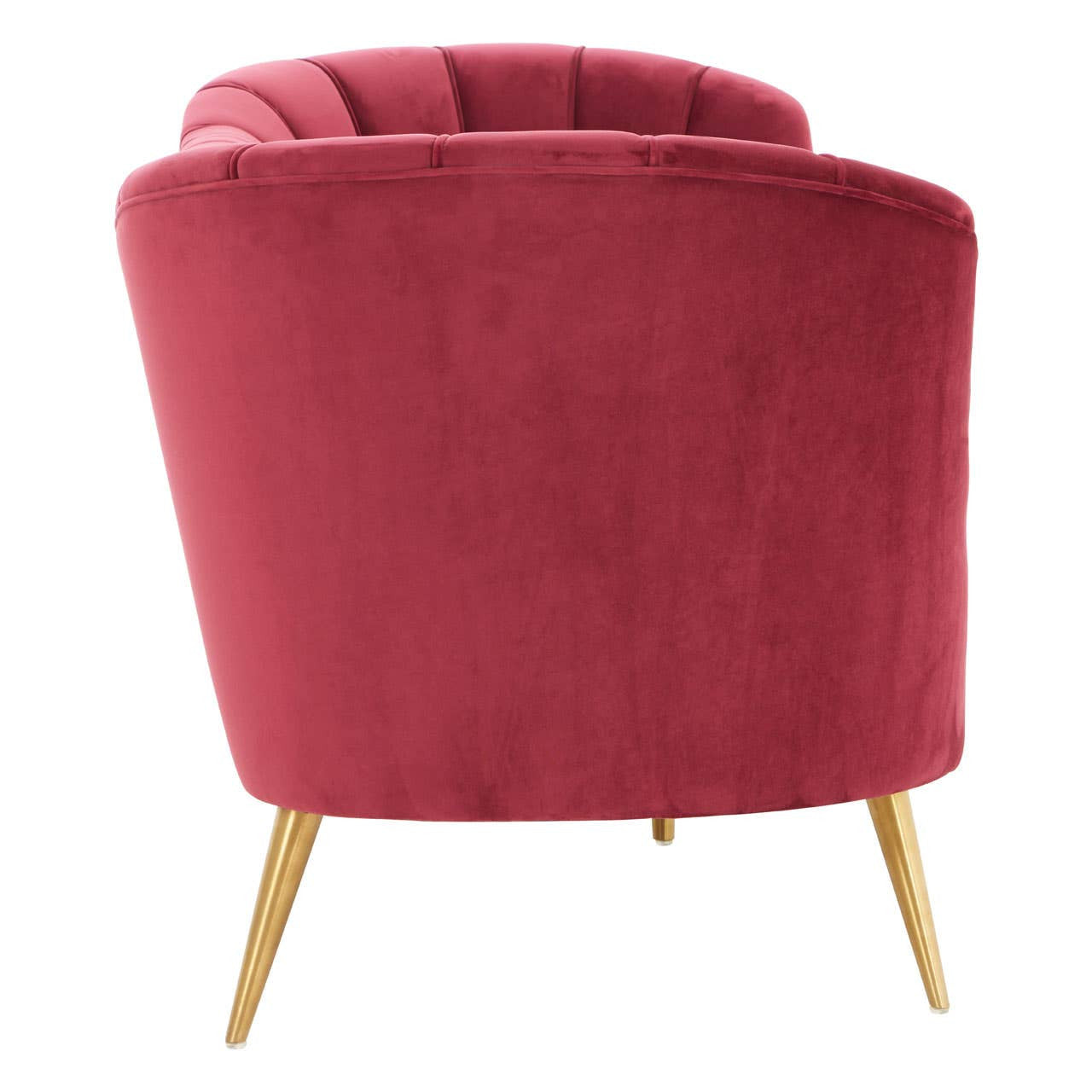 Three-seat sofa upholstered in wine-colored velvet, featuring a curved backrest with vertical tufting and four wooden legs. The legs are tapered and light in color, providing a modern contrast to the rich fabric
