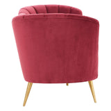 Three-seat sofa upholstered in wine-colored velvet, featuring a curved backrest with vertical tufting and four wooden legs. The legs are tapered and light in color, providing a modern contrast to the rich fabric