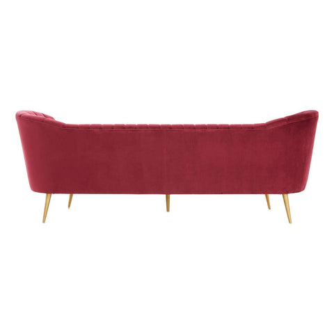 Three-seat sofa upholstered in rich wine-colored velvet, featuring a sleek, modern design with a high back and gently curved arms. The sofa stands on slender, tapered wooden legs, adding an elegant touch to its overall aesthetic