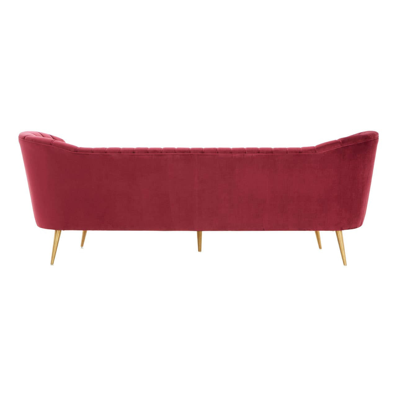 Three-seat sofa upholstered in rich wine-colored velvet, featuring a sleek, modern design with a high back and gently curved arms. The sofa stands on slender, tapered wooden legs, adding an elegant touch to its overall aesthetic
