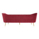 Three-seat sofa upholstered in rich wine-colored velvet, featuring a sleek, modern design with a high back and gently curved arms. The sofa stands on slender, tapered wooden legs, adding an elegant touch to its overall aesthetic