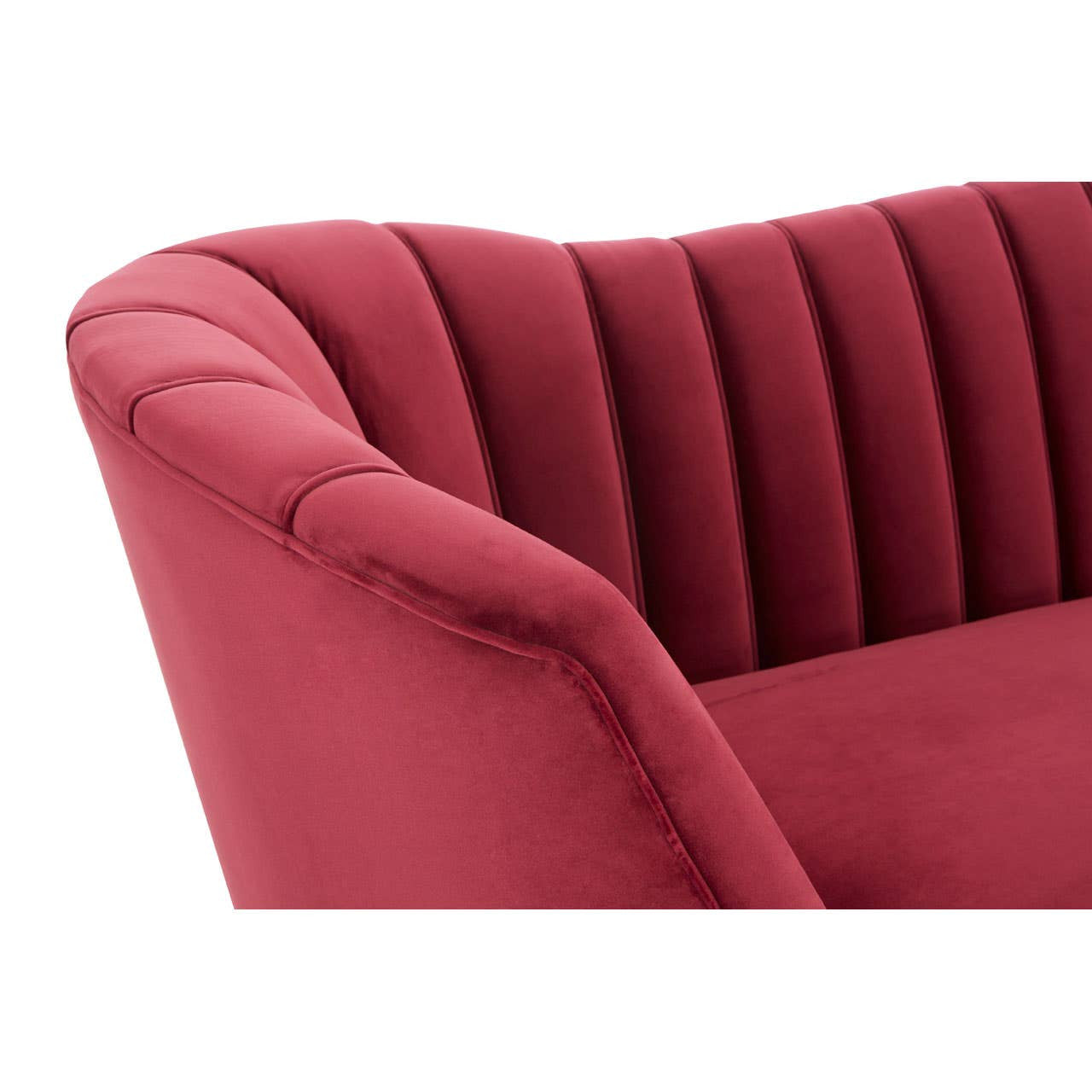 Close-up view of the Binky 3 Seat Wine Velvet Sofa showcasing its plush wine-colored velvet upholstery and elegantly curved backrest with vertical tufting. The sofa features a modern design with soft lines and a comfortable seating area