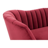 Close-up view of the Binky 3 Seat Wine Velvet Sofa showcasing its plush wine-colored velvet upholstery and elegantly curved backrest with vertical tufting. The sofa features a modern design with soft lines and a comfortable seating area