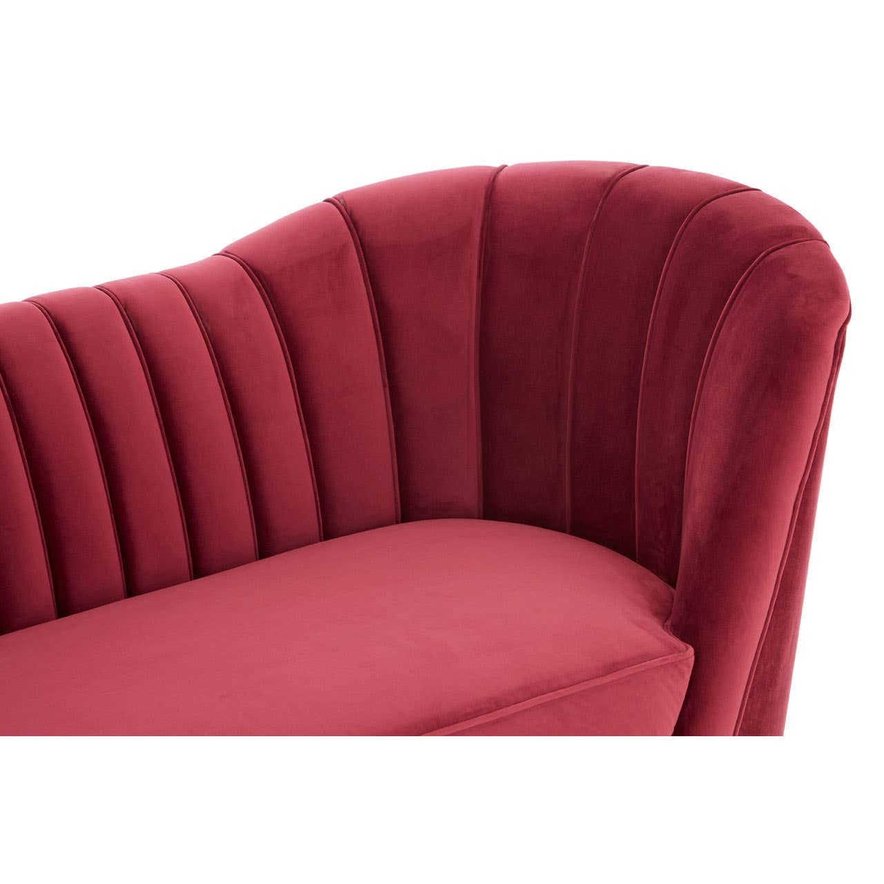A close-up view of the Binky 3 Seat Wine Velvet Sofa, showcasing its rich wine-colored velvet upholstery and elegantly curved backrest with vertical tufted detailing. The sofa features a smooth seat cushion and a plush, inviting design