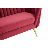 Wine velvet sofa with a plush seat, featuring vertical tufted detailing on the backrest and sleek, tapered wooden legs in a light finish. The rich burgundy color adds a touch of elegance to any living space