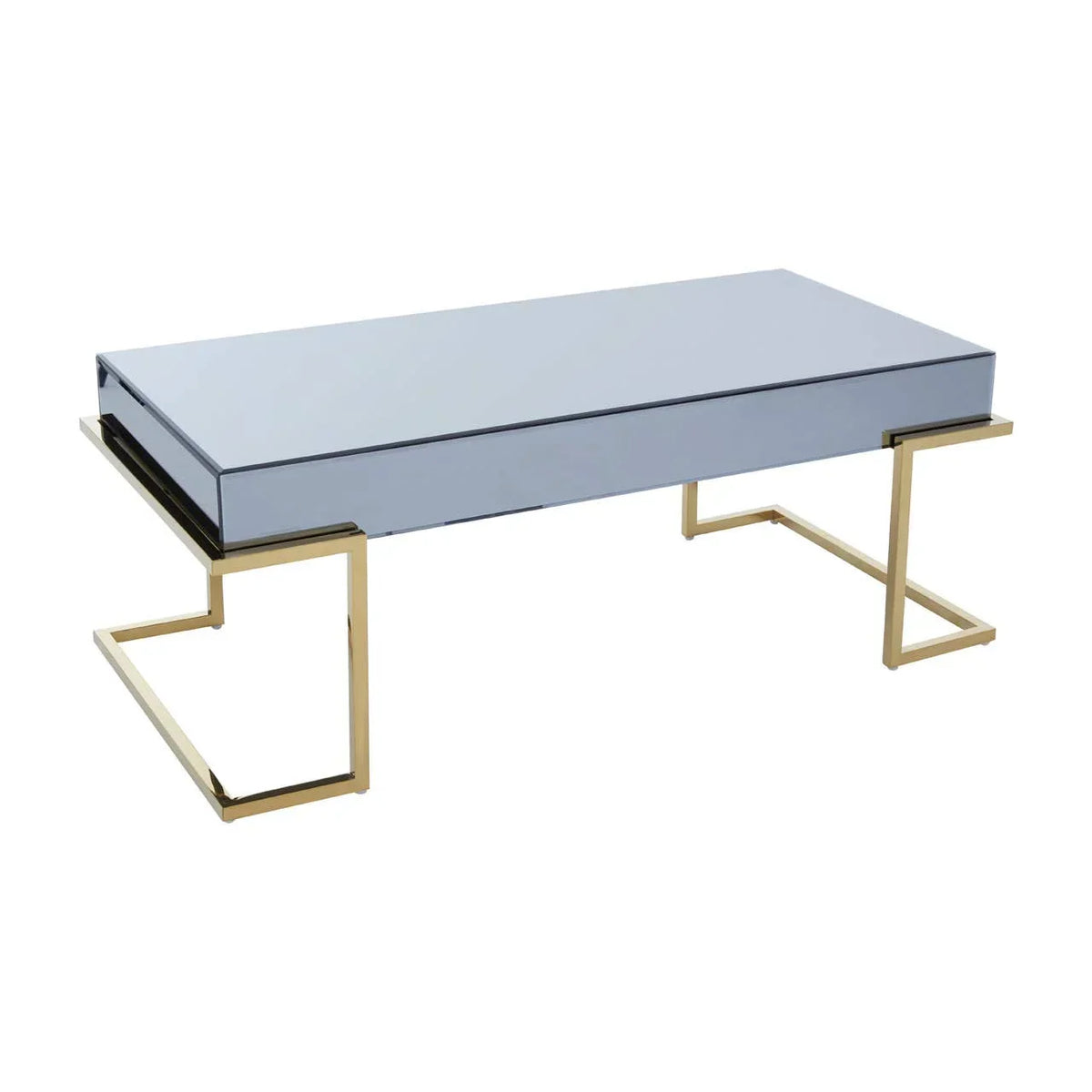 Rectangular mirrored coffee table with gold geometric metal legs on white background