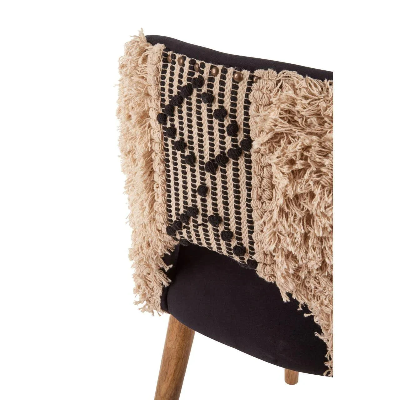 Dining chair with textured beige macrame backrest and wooden legs