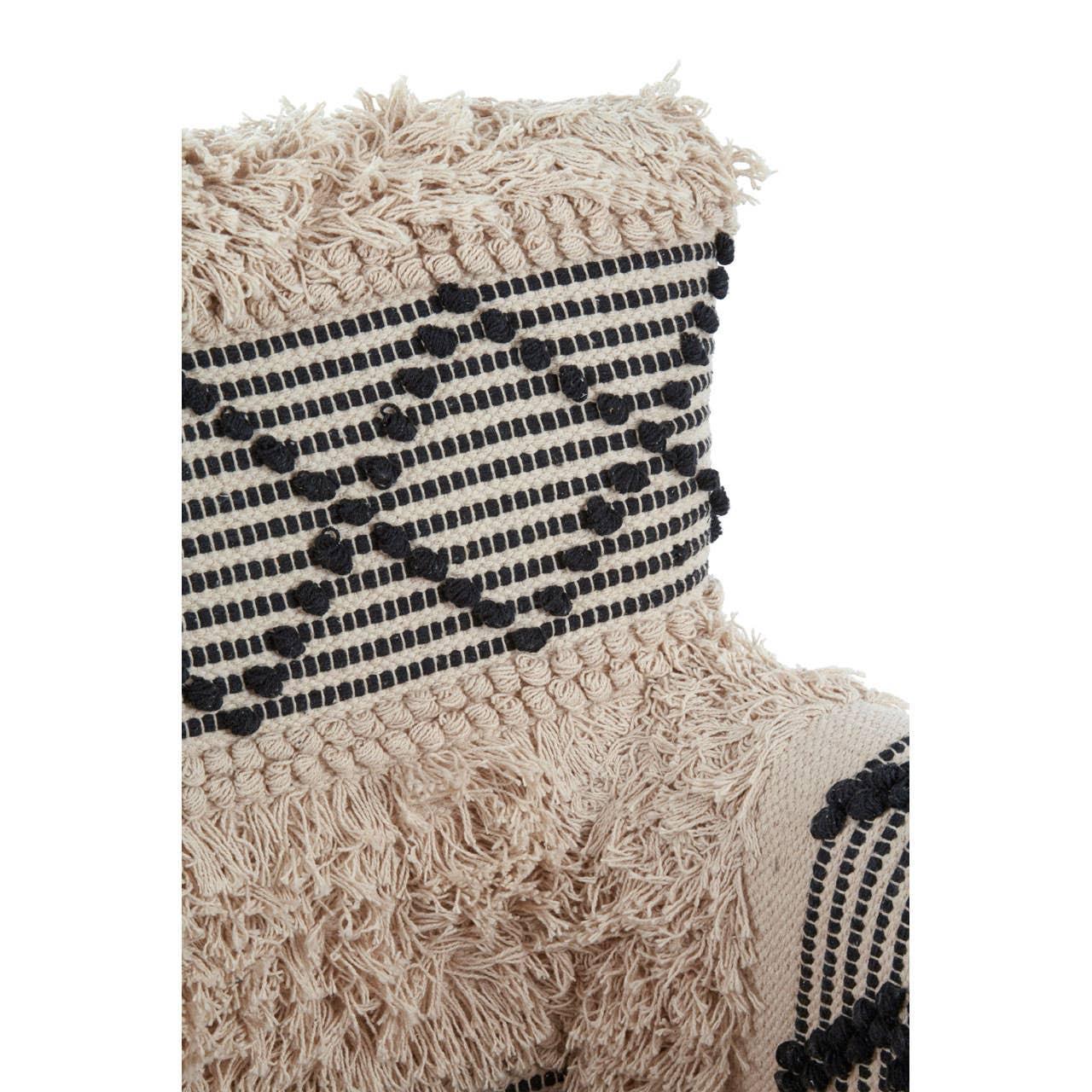 Textured beige cushion with black geometric embroidered pattern and fringed details