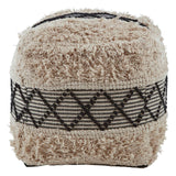 A square pouffe featuring a shaggy texture in a beige color with black geometric patterns around the middle. The pouffe has a soft, plush appearance, making it suitable for use as a footrest or additional seating