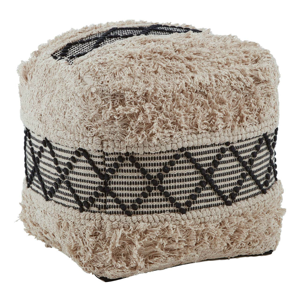 Shaggy pouffe featuring a textured beige top and a black and white woven band around the middle, with a cube shape and soft, fluffy surface
