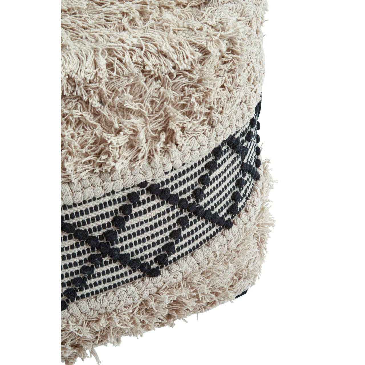 A close-up view of a shaggy pouffe featuring a textured cream-colored surface with black geometric patterns woven into the design. The pouffe has a soft, fluffy appearance, highlighting its cozy and stylish look, suitable for home decor