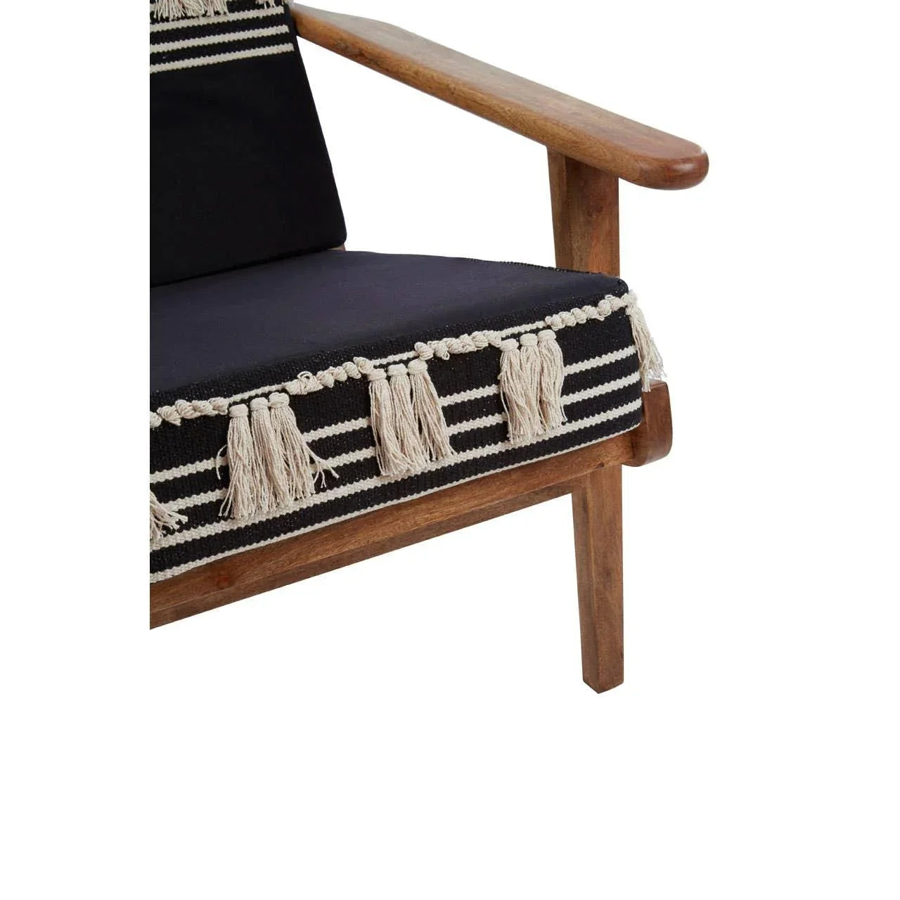 Wooden armchair with black cushion and cream tassel trim detail