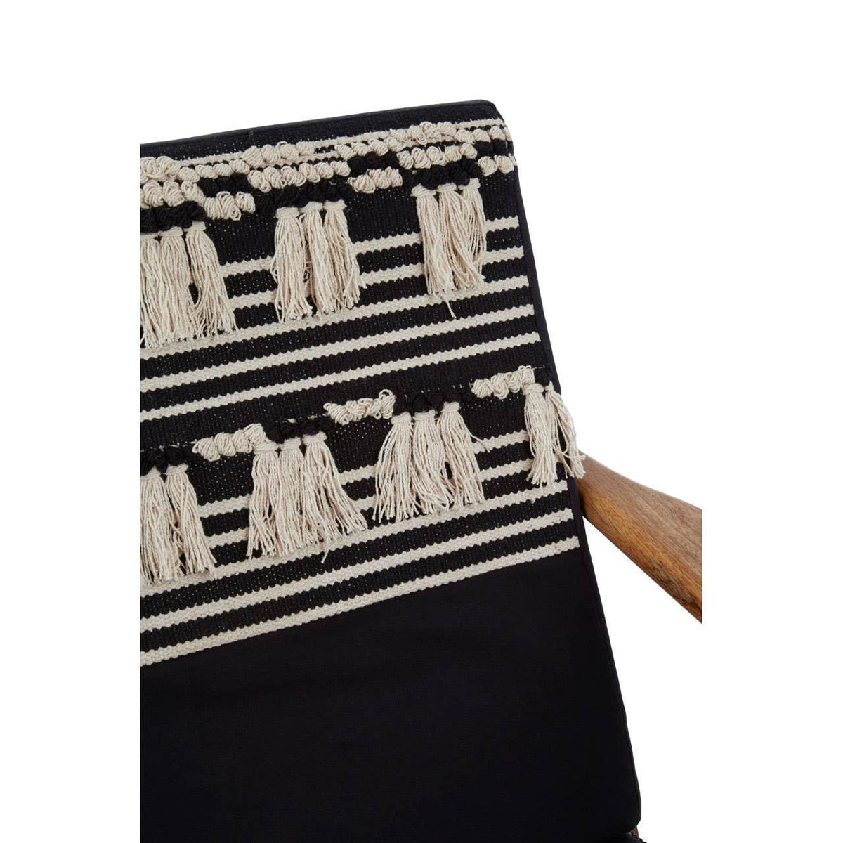Black woven chair back with cream tassels and striped pattern, wooden arm visible