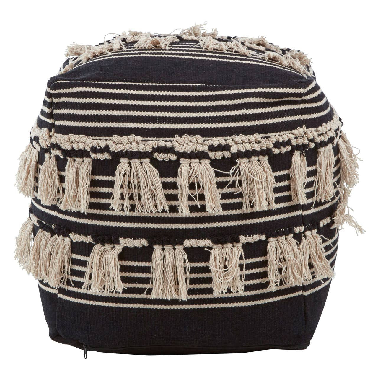 Round pouffe featuring a black and white shaggy design with textured fringes. The pouffe has a cylindrical shape and is adorned with horizontal stripes of varying thickness in black and cream colors