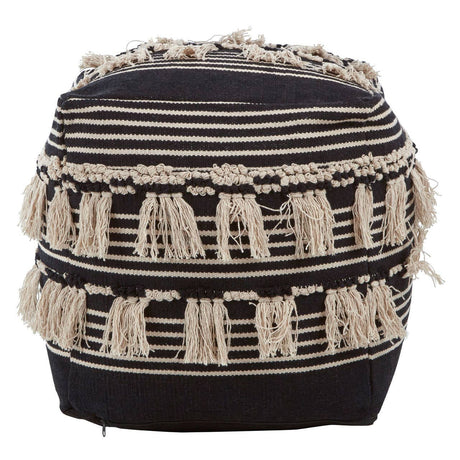 Round pouffe featuring a black and white shaggy design with textured fringes. The pouffe has a cylindrical shape and is adorned with horizontal stripes of varying thickness in black and cream colors