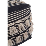 Black and white shaggy pouffe featuring a textured surface with a decorative fringe along the edges, showcasing a geometric pattern. The pouffe has a round shape and is designed for both comfort and style in home decor
