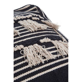 Close-up view of a black and white shaggy pouffe featuring a textured surface with alternating stripes and tassels, showcasing a cozy and stylish design suitable for home decor
