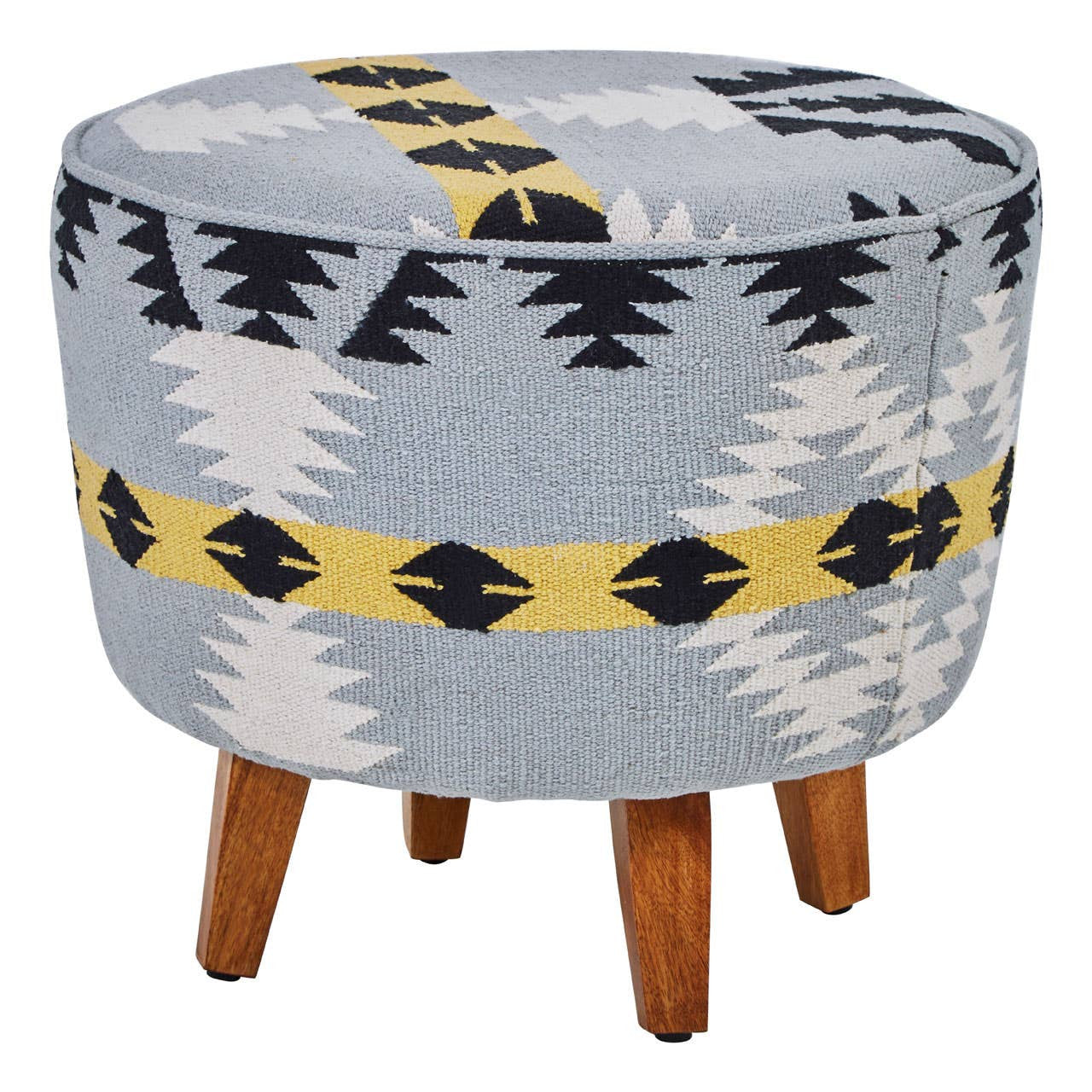 Round footstool featuring a colorful Kilim-style fabric with geometric patterns in blue, black, and yellow, supported by four tapered mango wood legs