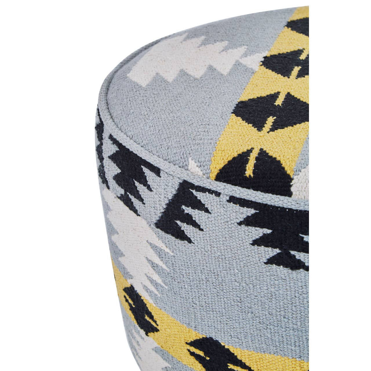 Round footstool featuring a colorful Kilim-style fabric with geometric patterns in shades of blue, yellow, and black, supported by sturdy mango wood legs. The design showcases a textured surface and a contemporary aesthetic suitable for home decor