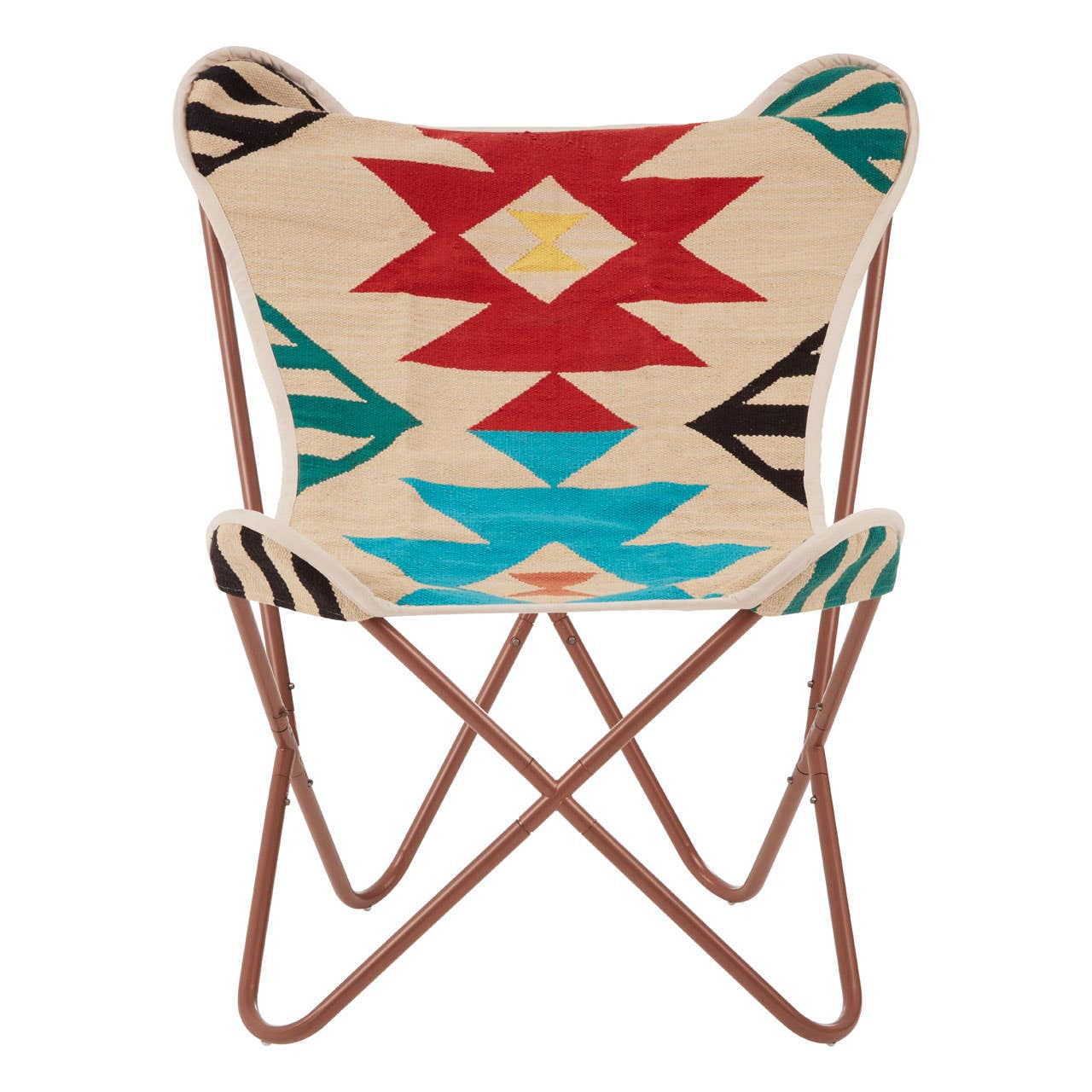 A multicolour butterfly chair featuring a patterned fabric with geometric shapes in red, turquoise, and black on a cream background, supported by a sturdy metal frame with a warm brown finish. The chair's unique design includes rounded top edges and a minimalist structure, making it a stylish addition to any home decor