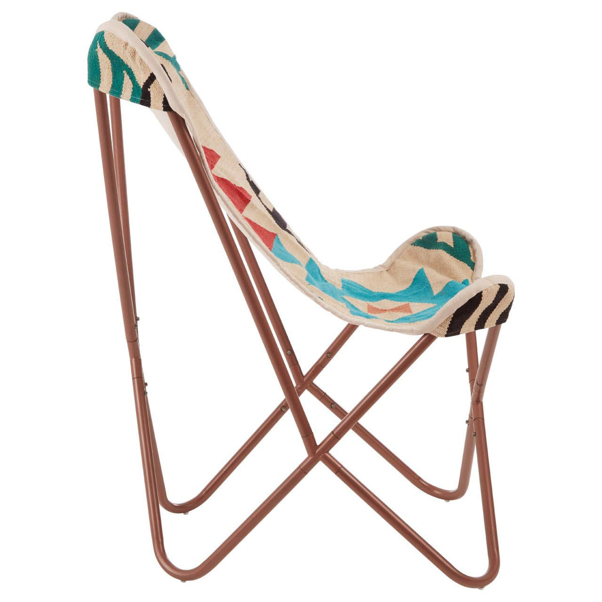 A multicolour butterfly chair featuring a patterned fabric seat with vibrant blue, red, and green designs, supported by a sleek, brown metal frame that forms a distinctive X shape