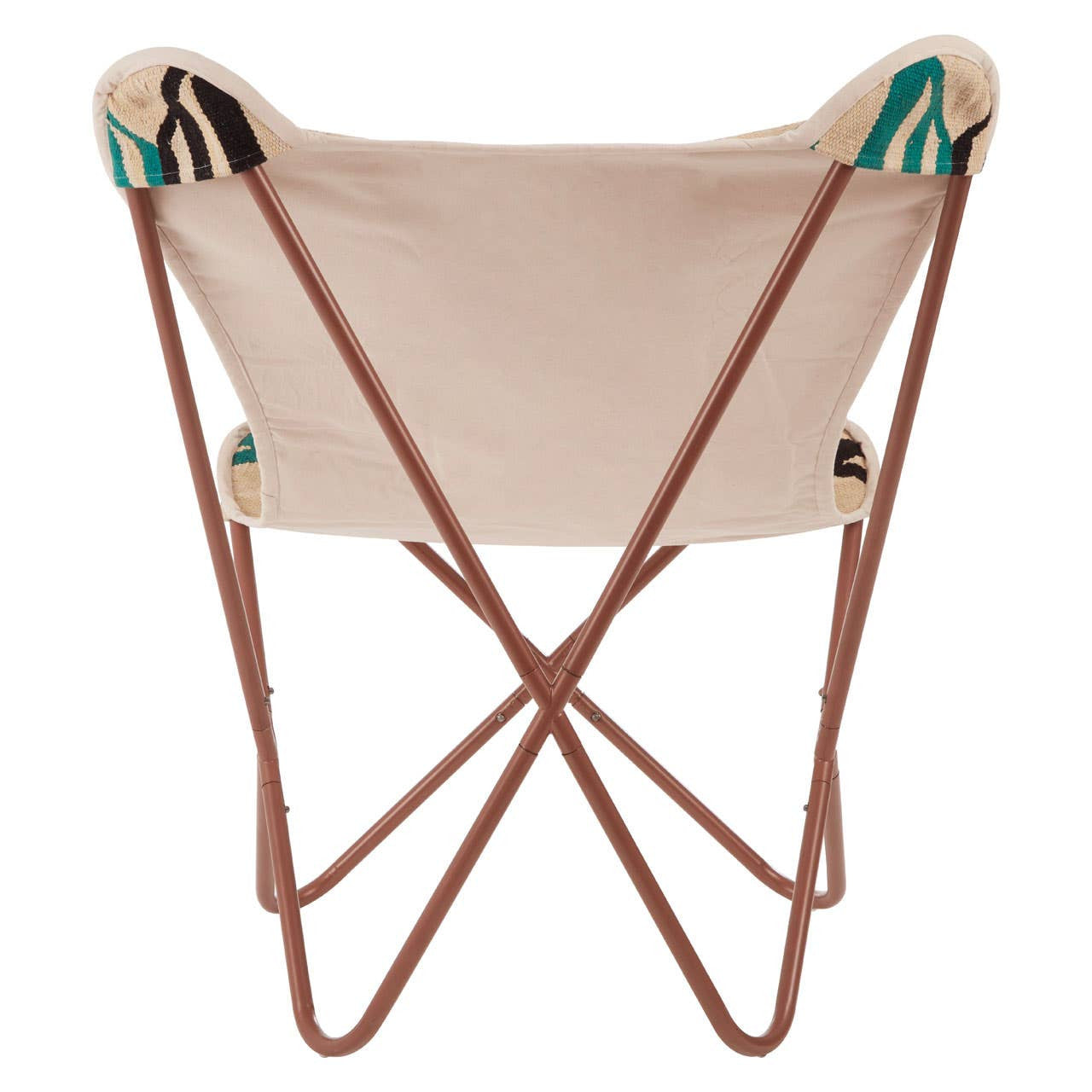 Multicolour butterfly chair with a beige fabric seat and a sturdy brown metal frame, featuring a unique design with colorful accents at the top corners. The chair is positioned upright, showcasing its distinctive shape and structure