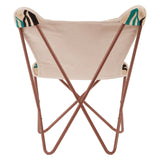 Multicolour butterfly chair with a beige fabric seat and a sturdy brown metal frame, featuring a unique design with colorful accents at the top corners. The chair is positioned upright, showcasing its distinctive shape and structure