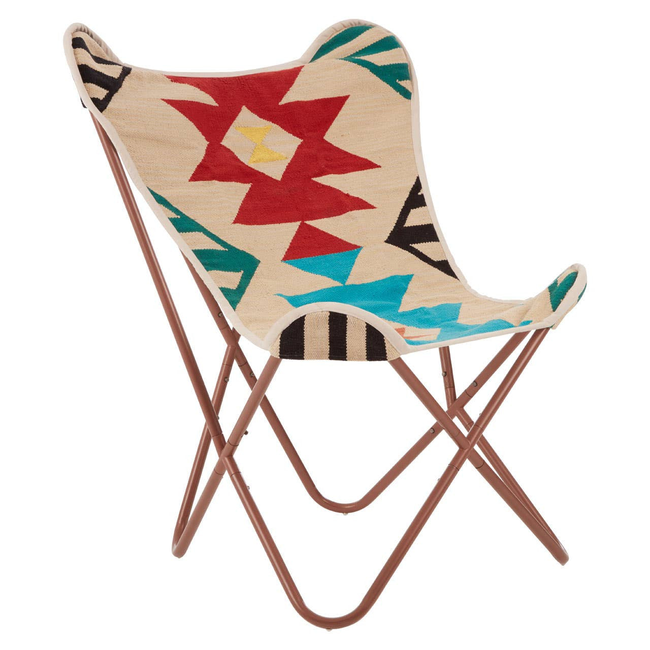 A multicolour butterfly chair featuring a patterned fabric with geometric designs in red, blue, and yellow, supported by a sleek, brown metal frame. The chair has a distinctive butterfly shape with a wide seat and backrest, creating a stylish and comfortable seating option