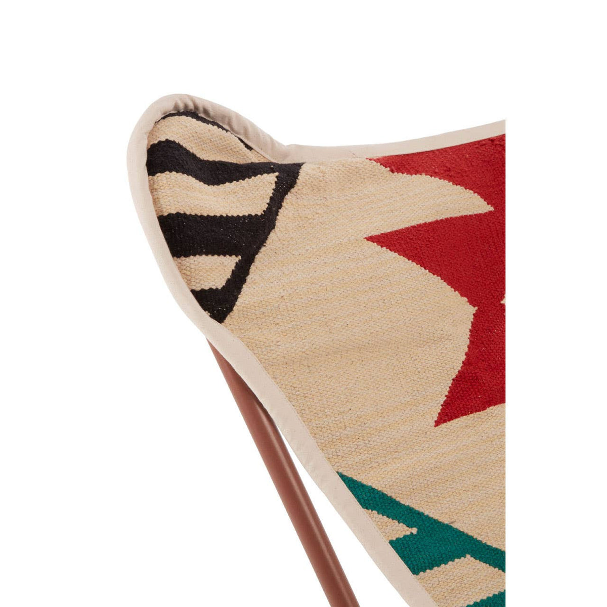 Close-up view of the Cefena Multicolour Butterfly Chair showcasing its vibrant fabric featuring geometric patterns in red, black, and green against a beige background, with a wooden frame partially visible