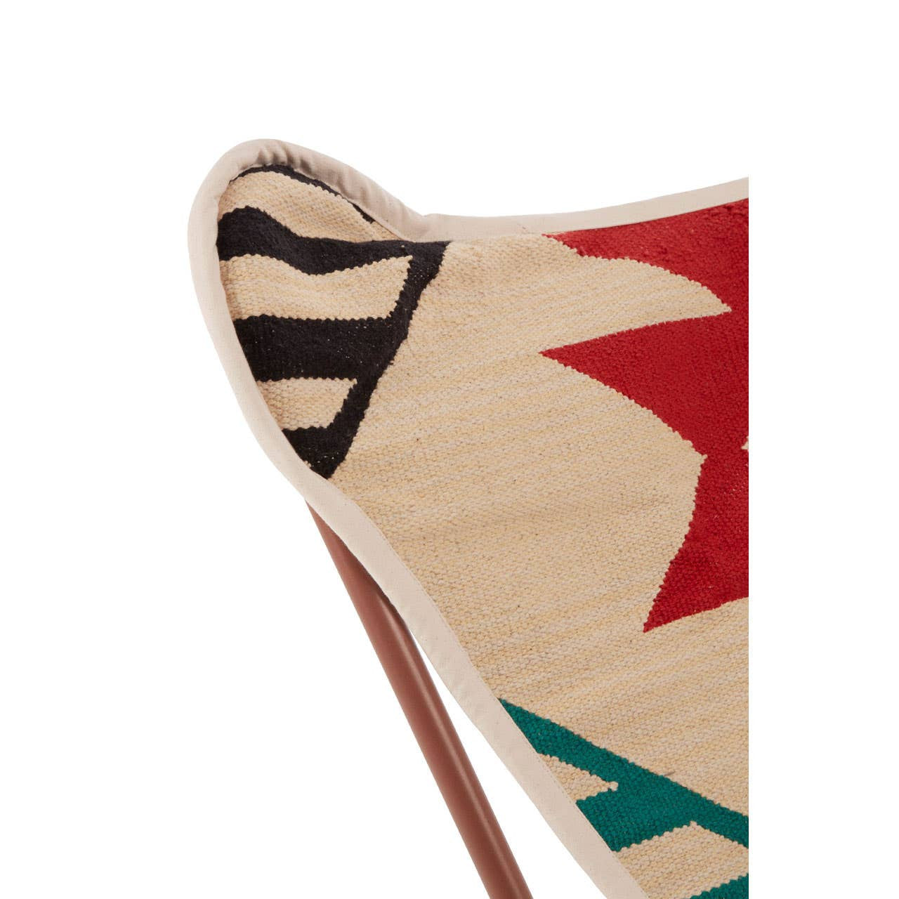 Close-up view of the Cefena Multicolour Butterfly Chair showcasing its vibrant fabric featuring geometric patterns in red, black, and green against a beige background, with a wooden frame partially visible