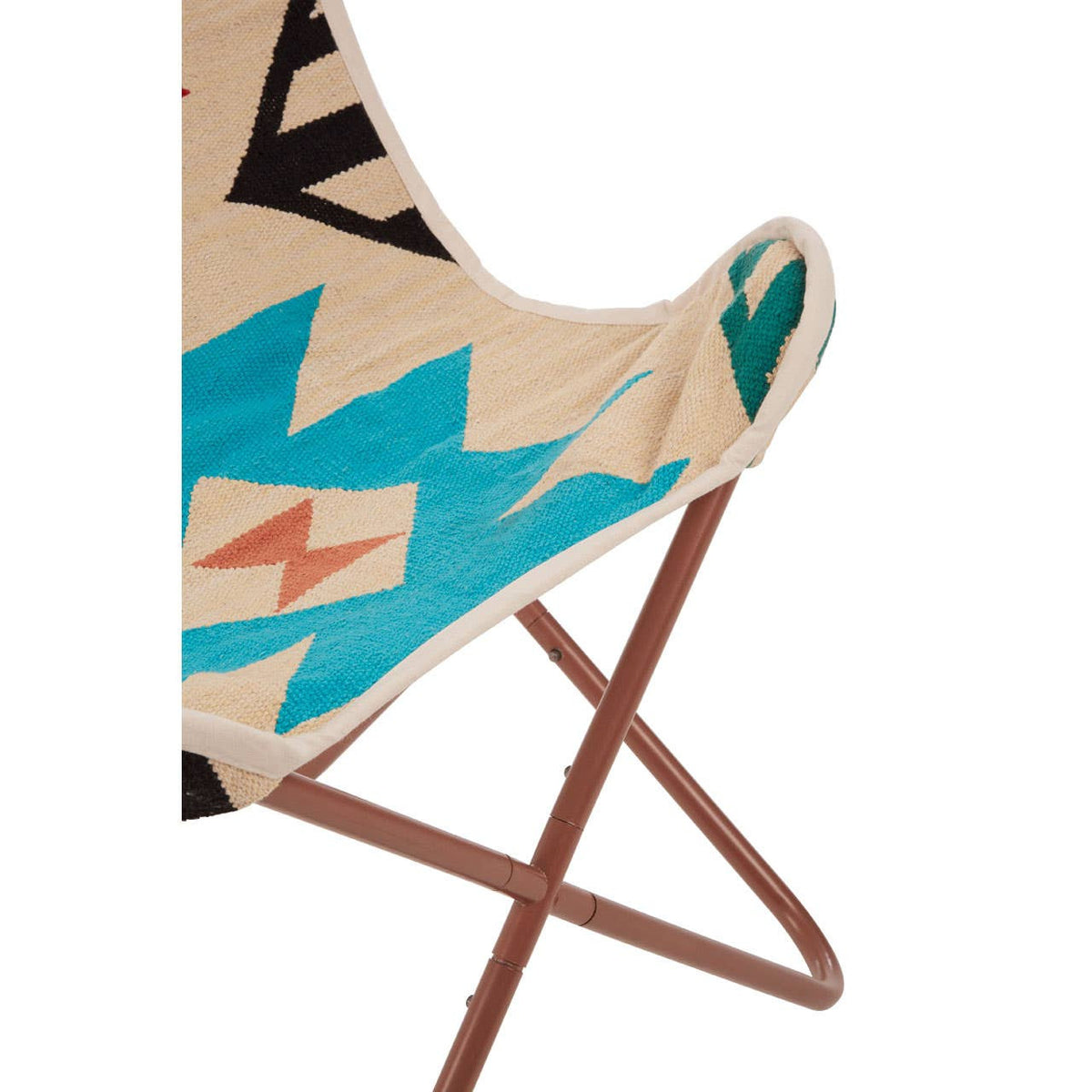 Multicolour butterfly chair featuring a patterned fabric with geometric designs in turquoise, black, and orange, supported by a sturdy brown metal frame. The chair's unique shape and vibrant colors make it a stylish addition to any home decor