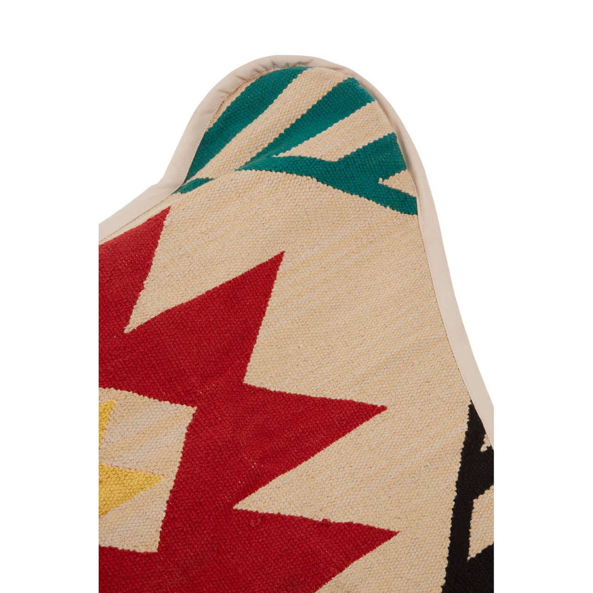 The Cefena Multicolour Butterfly Chair features a vibrant fabric with a geometric pattern, showcasing bold colors like red, teal, and yellow against a neutral background. The chair's unique shape is designed for comfort and style, with a high back and a wide seat. The fabric is textured, adding depth to the overall design