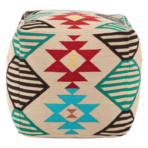 A square pouffe featuring a vibrant kilim style design with geometric patterns in red, turquoise, black, and beige. The pouffe has a soft texture and is suitable for use as a footrest or additional seating