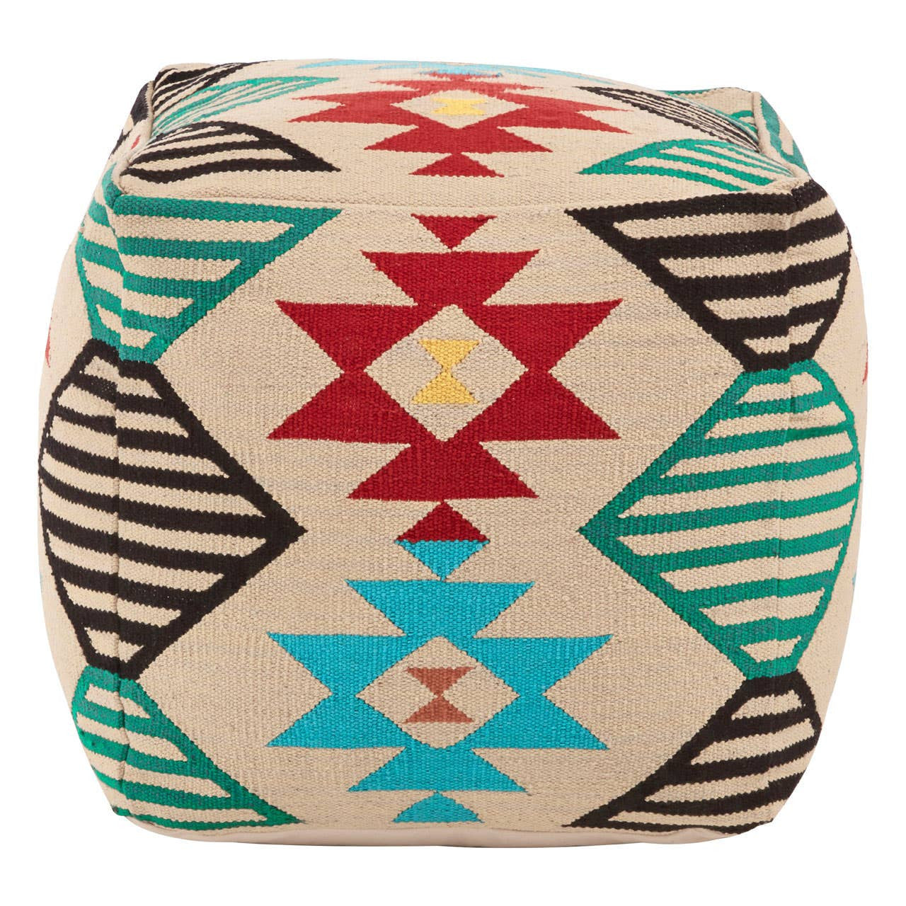 A square pouffe featuring a vibrant kilim style design with geometric patterns in red, turquoise, black, and beige. The pouffe has a soft texture and is suitable for use as a footrest or additional seating