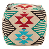 A square pouffe featuring a vibrant kilim style design with geometric patterns in red, turquoise, black, and beige. The pouffe has a soft texture and is suitable for use as a footrest or additional seating