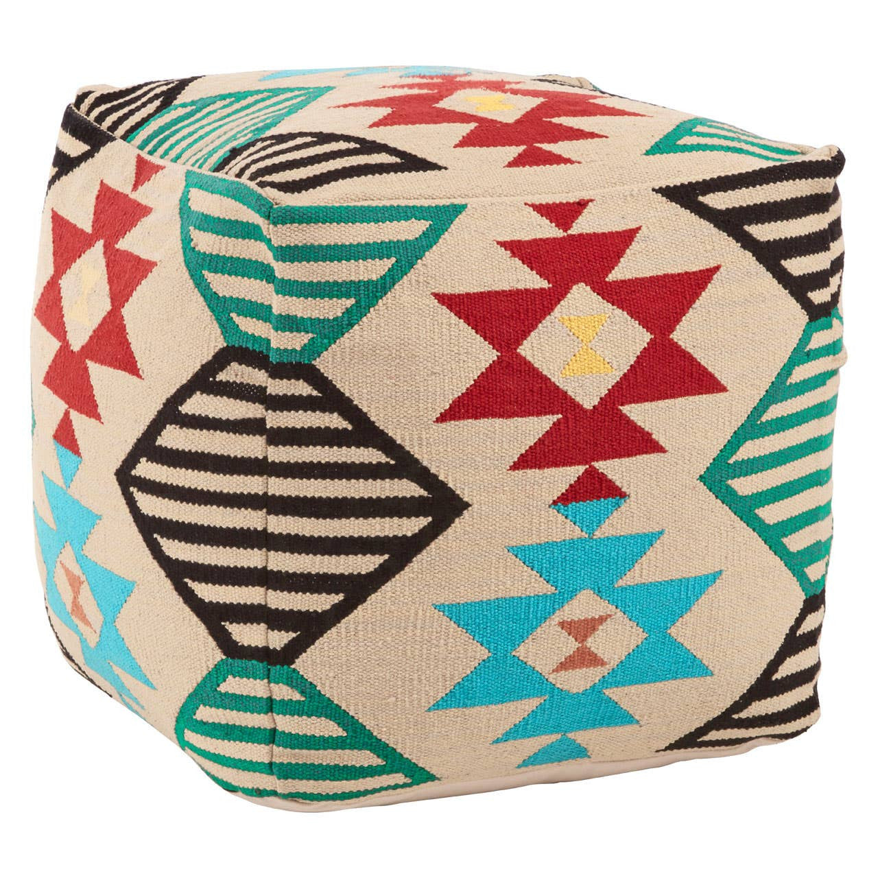 A square pouffe featuring a vibrant kilim-style pattern with geometric shapes in red, turquoise, yellow, and black against a beige background. The design includes stars and diamonds, adding a colorful and artistic touch to home decor