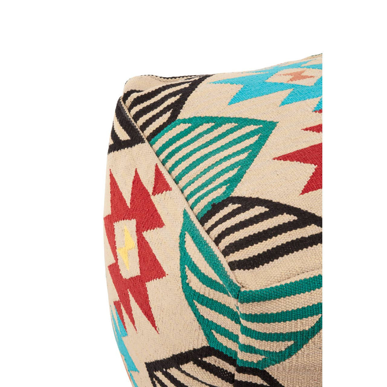 A colorful pouffe featuring a kilim style pattern with geometric shapes in red, turquoise, and black on a beige background, showcasing a rounded design and textured fabric