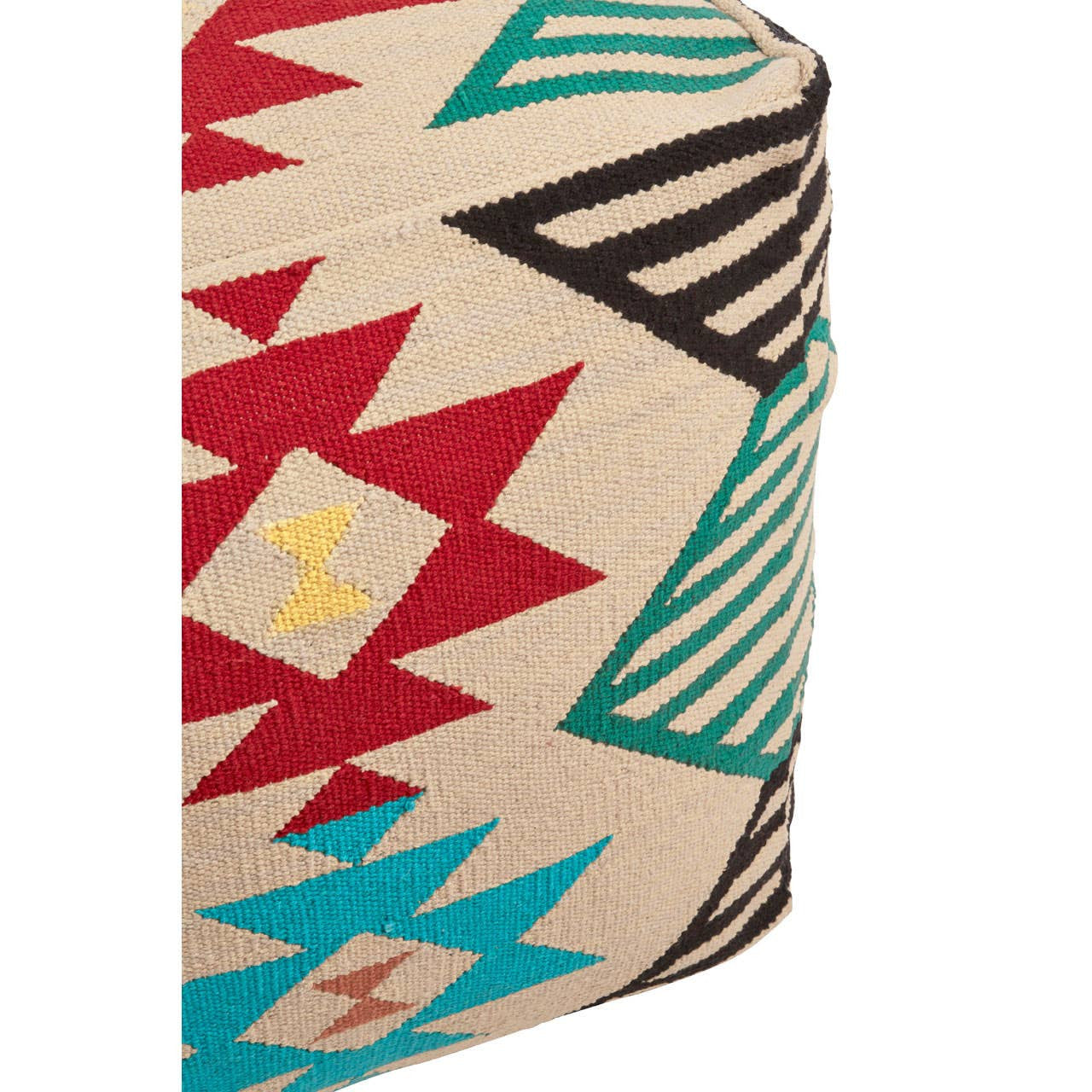 A multi-coloured pouffe featuring a kilim style design with geometric patterns in red, turquoise, black, and yellow on a beige background, showcasing a textured fabric surface and a cylindrical shape
