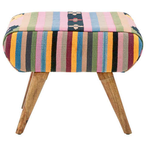 Multicoloured footstool featuring a striped fabric design in various vibrant colors, supported by four wooden legs. The top is cushioned and has rounded edges, adding a playful touch to home decor
