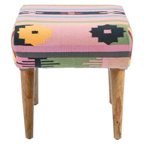 Multicoloured footstool featuring a patterned fabric with shades of pink, green, and black, supported by four wooden legs. The design includes abstract floral shapes and geometric elements, adding a vibrant touch to home decor