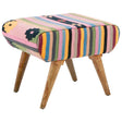 Multicoloured footstool featuring a striped fabric design with floral accents, supported by four wooden legs. The top has a rounded shape, and the vibrant colors include pink, yellow, green, and blue