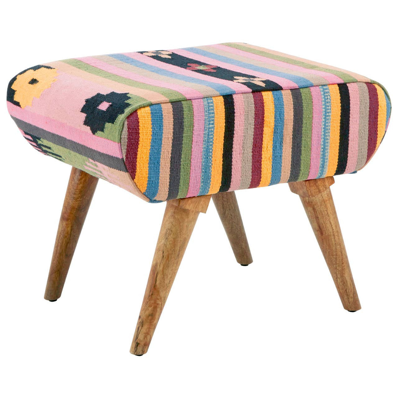 Multicoloured footstool featuring a striped and floral patterned upholstery with shades of pink, green, yellow, and blue. The footstool has rounded edges and is supported by four wooden legs, giving it a modern and playful look