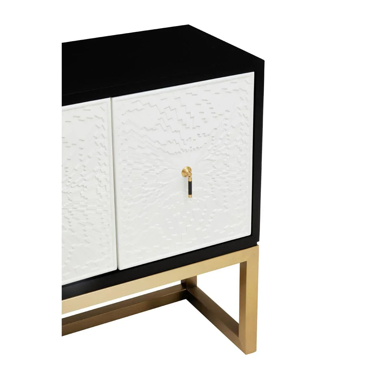 Black and white sideboard with textured white doors and gold metal base
