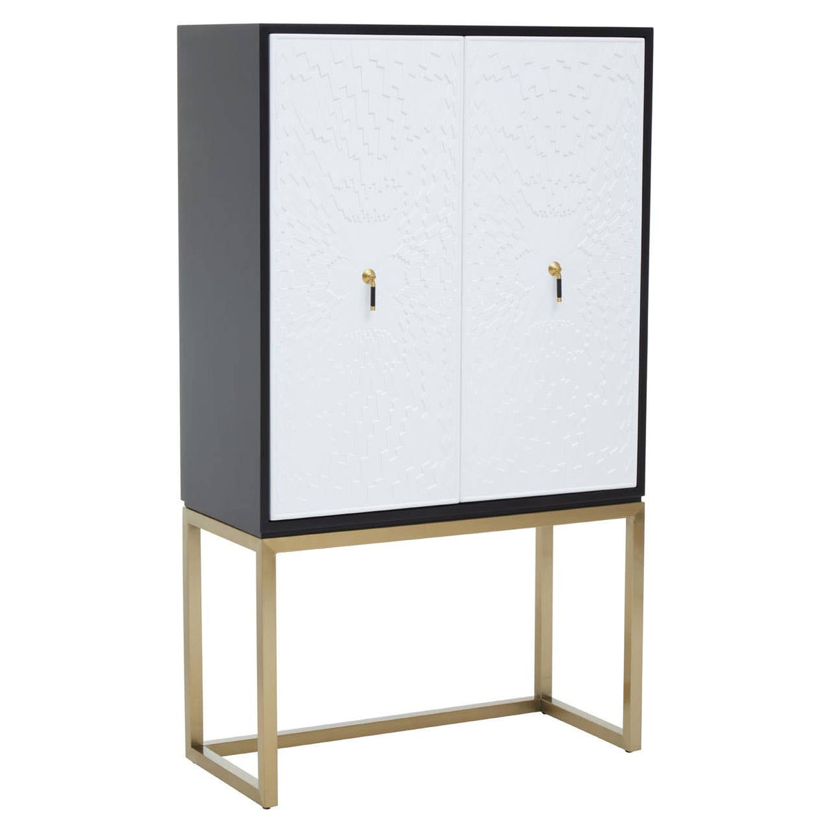 A modern two-door cabinet featuring a sleek black frame with white doors, accented by gold handles and supported by a gold metal base. The cabinet has a minimalist design, suitable for contemporary home decor