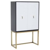 A modern two-door cabinet featuring a sleek black frame with white doors, accented by gold handles and supported by a gold metal base. The cabinet has a minimalist design, suitable for contemporary home decor