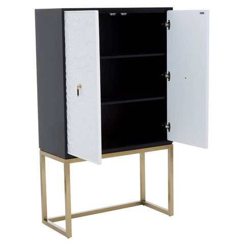 Dumas Black and White Two Door Cabinet featuring a sleek black exterior, two white doors, and a gold metal base. The cabinet has three interior shelves visible through the open doors, showcasing a modern and minimalist design suitable for home decor