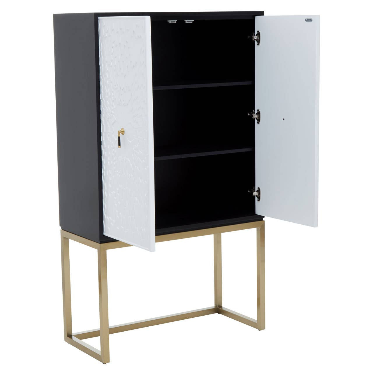 Dumas Black and White Two Door Cabinet featuring a sleek black exterior, two white doors, and a gold metal base. The cabinet has three interior shelves visible through the open doors, showcasing a modern and minimalist design suitable for home decor