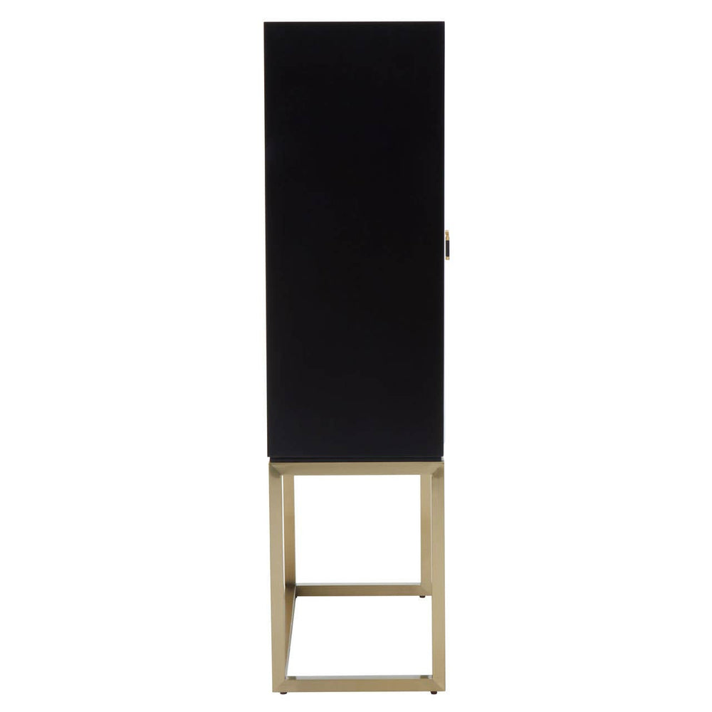 Tall two-door cabinet featuring a sleek black finish with a minimalist design, supported by a light wooden base. The cabinet has a simple handle and a clean, modern aesthetic suitable for various home decor styles