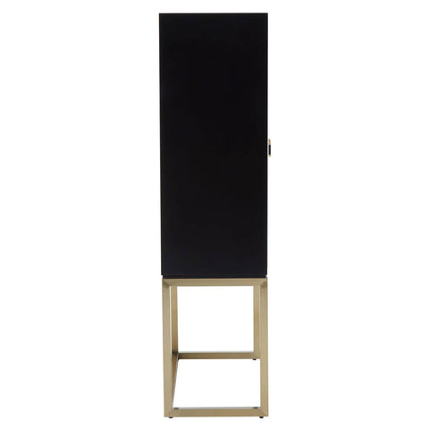 Tall two-door cabinet featuring a sleek black finish with a minimalist design, supported by a light wooden base. The cabinet has a simple handle and a clean, modern aesthetic suitable for various home decor styles