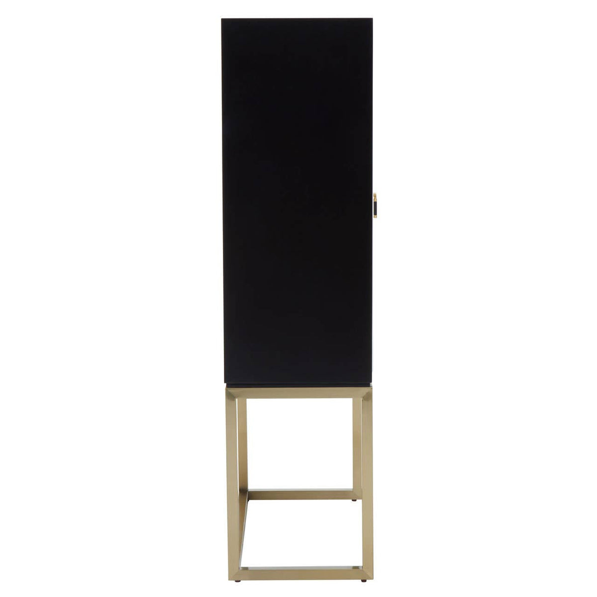 Tall two-door cabinet featuring a sleek black finish with a minimalist design, supported by a light wooden base. The cabinet has a simple handle and a clean, modern aesthetic suitable for various home decor styles